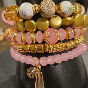 Elegant Pink and Gold Beaded Bracelet Set With Genuine Pink Quartz Stones